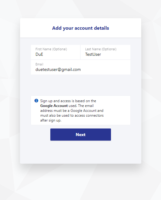 Add your account details; First name (Optional), Last Name (Optional), email. "Next" button.