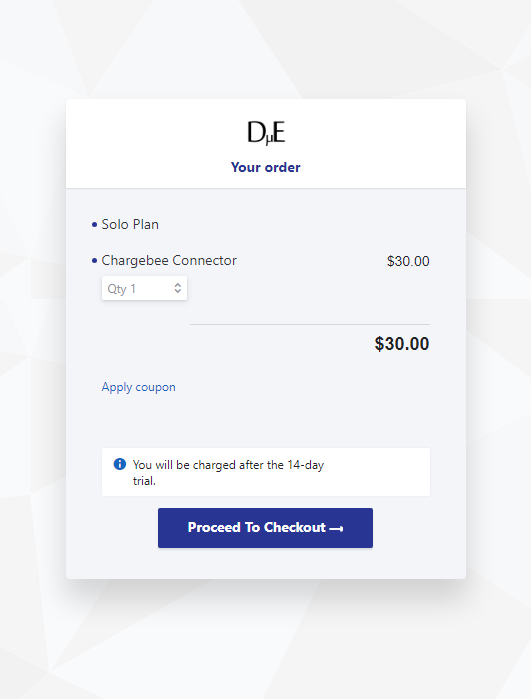 Your Order: Solo Plan without price. Chargebee Connector showing price and quantity adjustment. "Proceed to Checkout" button.
