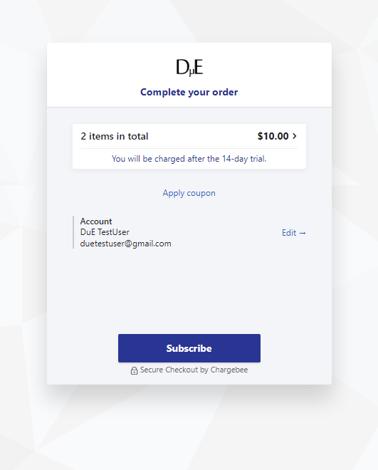 Complete your order: Showing total price of $10 and "Subscribe" button to the bottom.