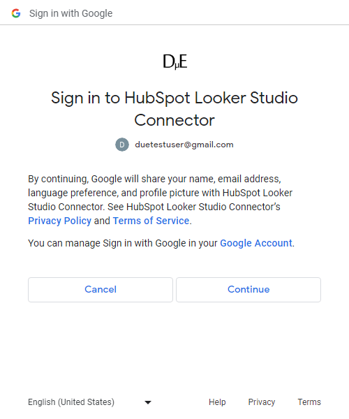 HubSpot Google OAuth Continue