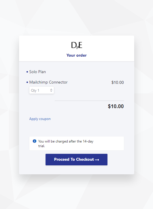 Your Order: Solo Plan without price. Mailchimp Connector showing quantity adjustment and price. "Proceed to Checkout" button at the bottom.