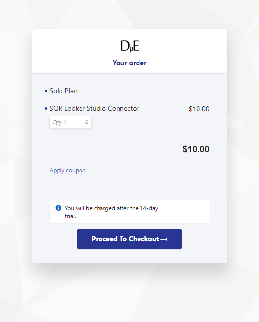 Your Order: Solo Plan without price. SQR Connector showing quantity adjustment and $10 price. "Proceed to Checkout" button at the bottom.