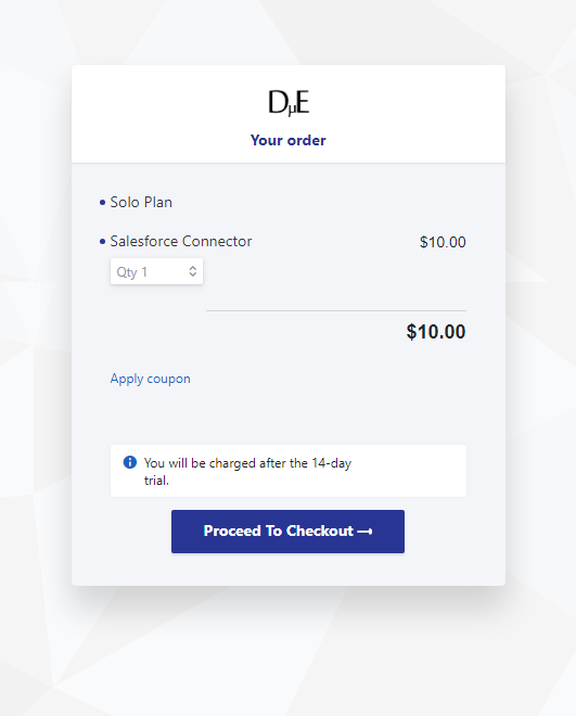 Your Order: Solo Plan without price. Salesforce Connector showing quantity adjustment and $10 price. "Proceed to Checkout" button at the bottom.