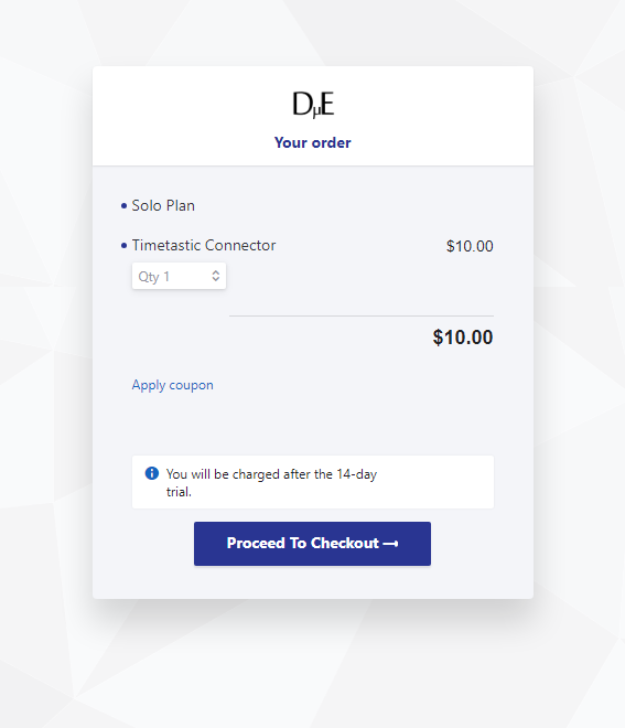 Your Order: Solo Plan without price. Timetastic Connector showing quantity adjustment and $10 price. "Proceed to Checkout" button at the bottom.