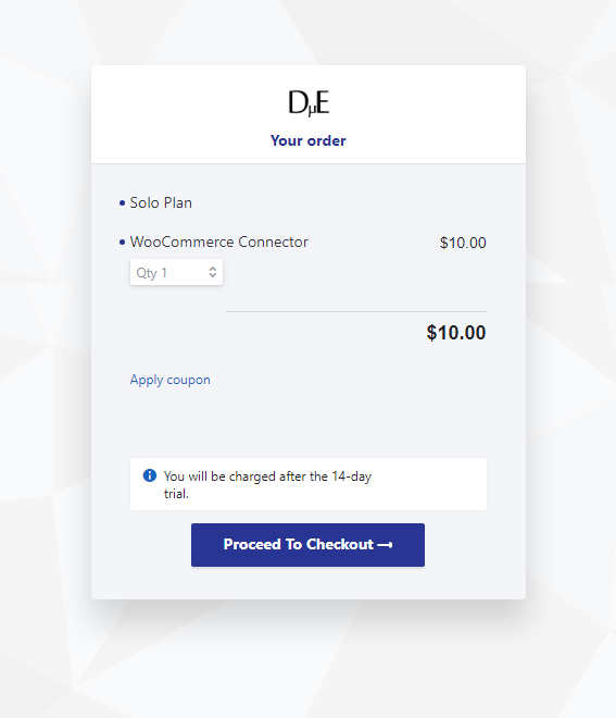 Your Order: Solo Plan without price. WooCommerce Connector showing quantity adjustment and $10 price. "Proceed to Checkout" button at the bottom.